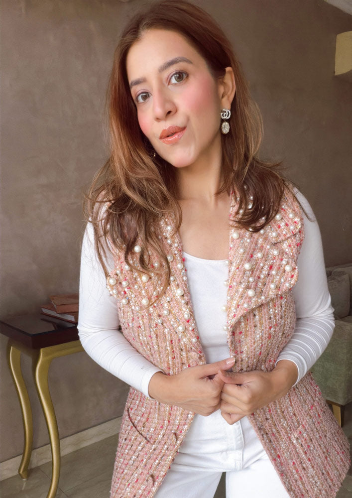 Yellow Tweed Vest Jacket With Pearl Detailed Collar And Belt