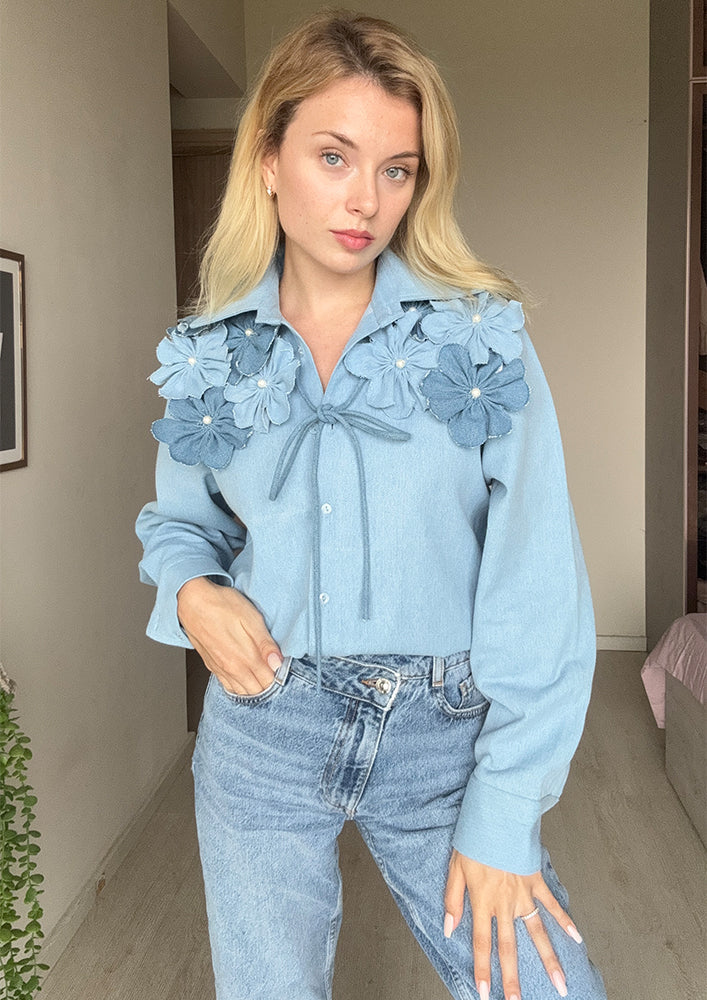 Light Blue Denim Shirt with 3D Floral Collar IKI CHIC Private Ltd