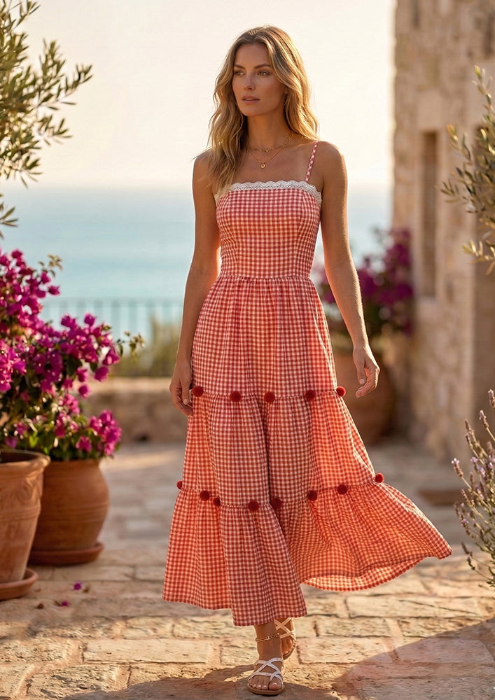 Red Check Maxi Dress With Ruffle & Pom-Pom Detailing