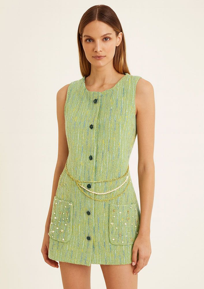 Green Tweed Sleeveless Mini Dress With Pearl Belt