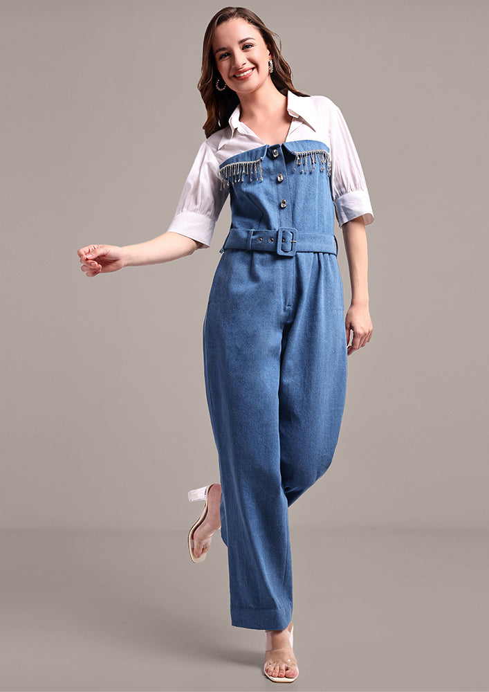 Denim Jumpsuit With Swarouvski Detail And Waist Belt