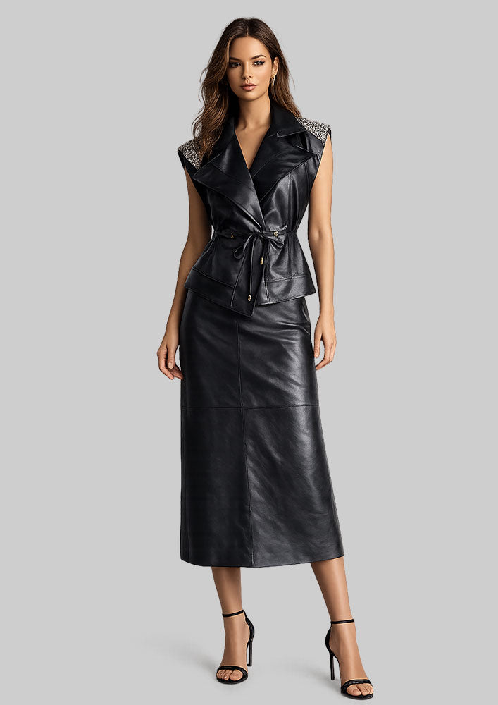 Black leather Long A-Line Skirt