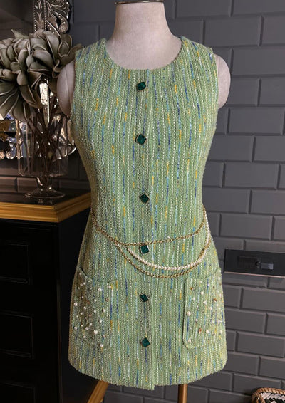 Green Tweed Sleeveless Mini Dress With Pearl Belt