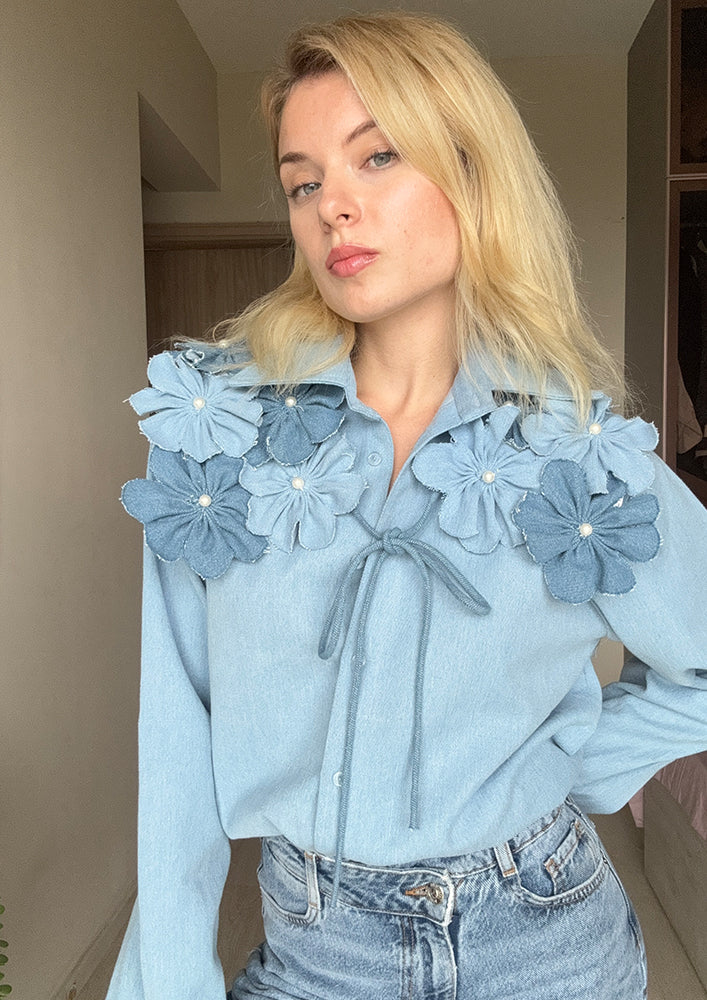 Light Blue Denim Shirt with 3D Floral Collar IKI CHIC Private Ltd
