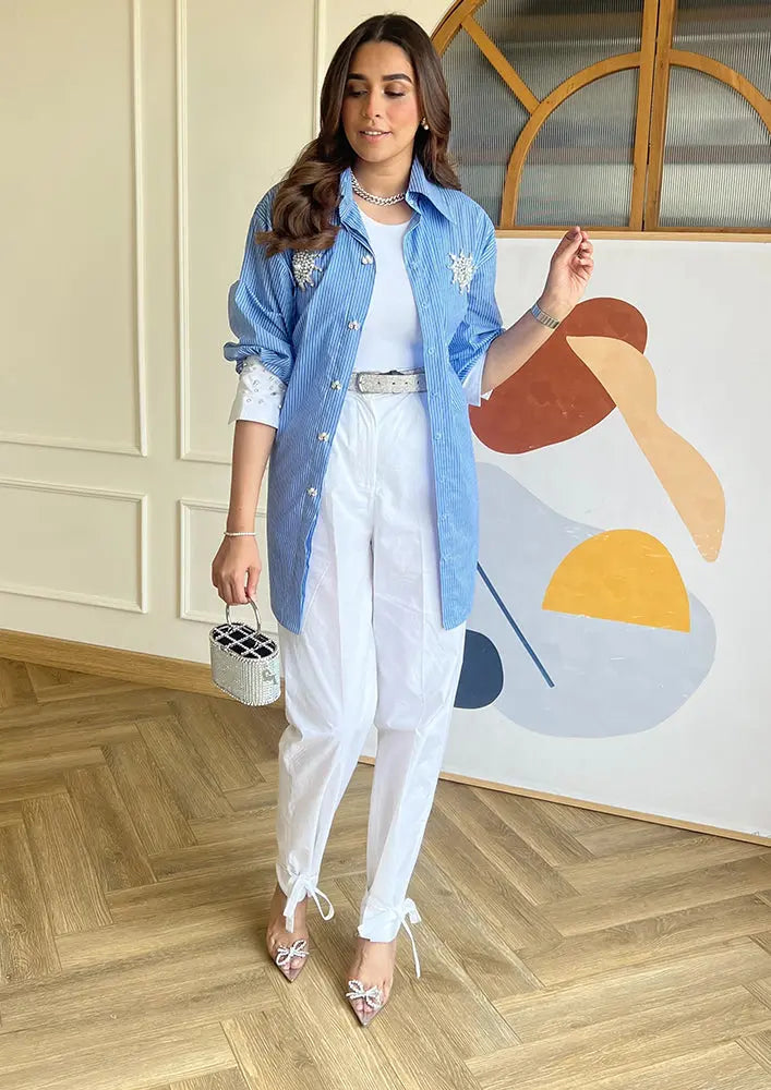 Blue Stripe High-Low Embellished Shirt With Tie-Up Pants IKI CHIC Private Ltd