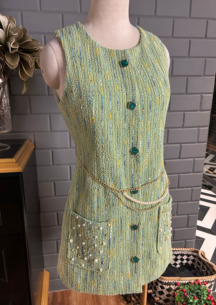 Green Tweed Sleeveless Mini Dress With Pearl Belt
