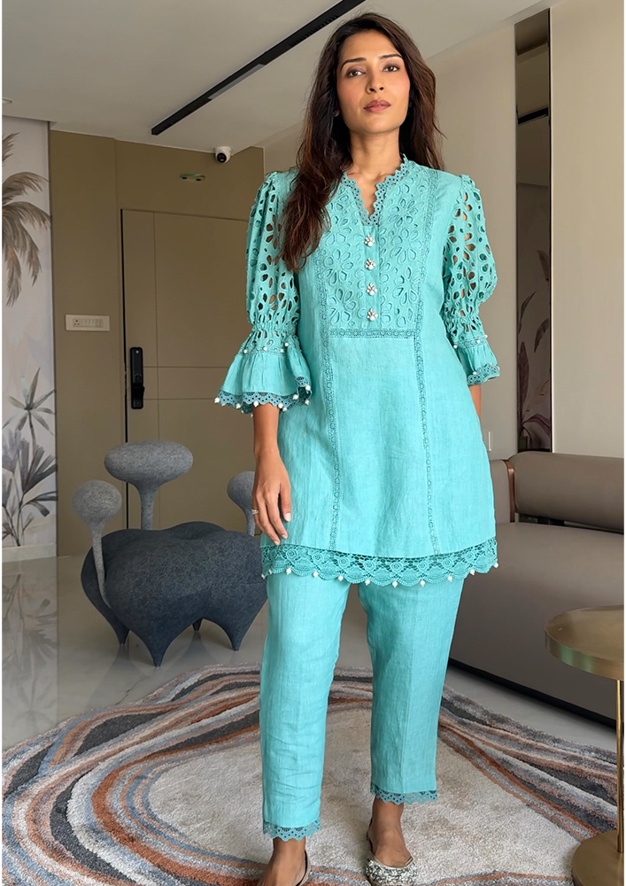 Teal Embellished Cut and Sew Kurta Set