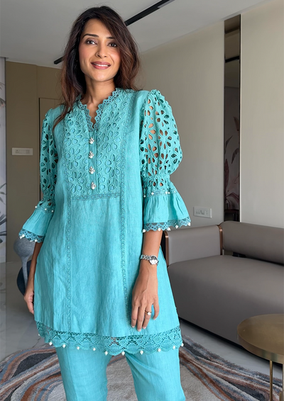 Teal Embellished Cut and Sew Kurta Set