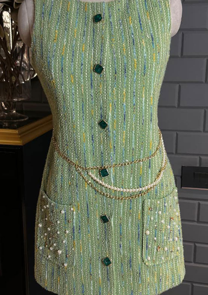 Green Tweed Sleeveless Mini Dress With Pearl Belt