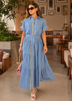Blue Stripe Chain-Trim Shirt with Tiered Maxi Skirt Set