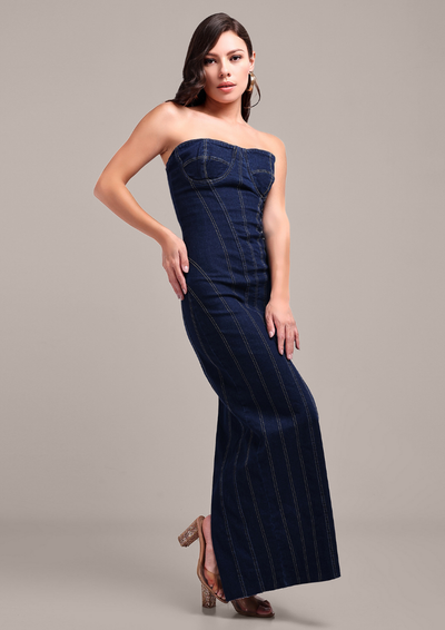 Blue Denim Tube Bodycon Midi Dress