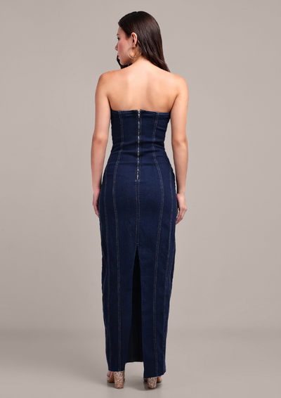 Blue Denim Tube Bodycon Midi Dress