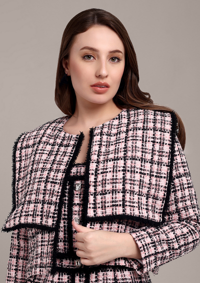 Pink-White Tweed Dress & Blazer Set