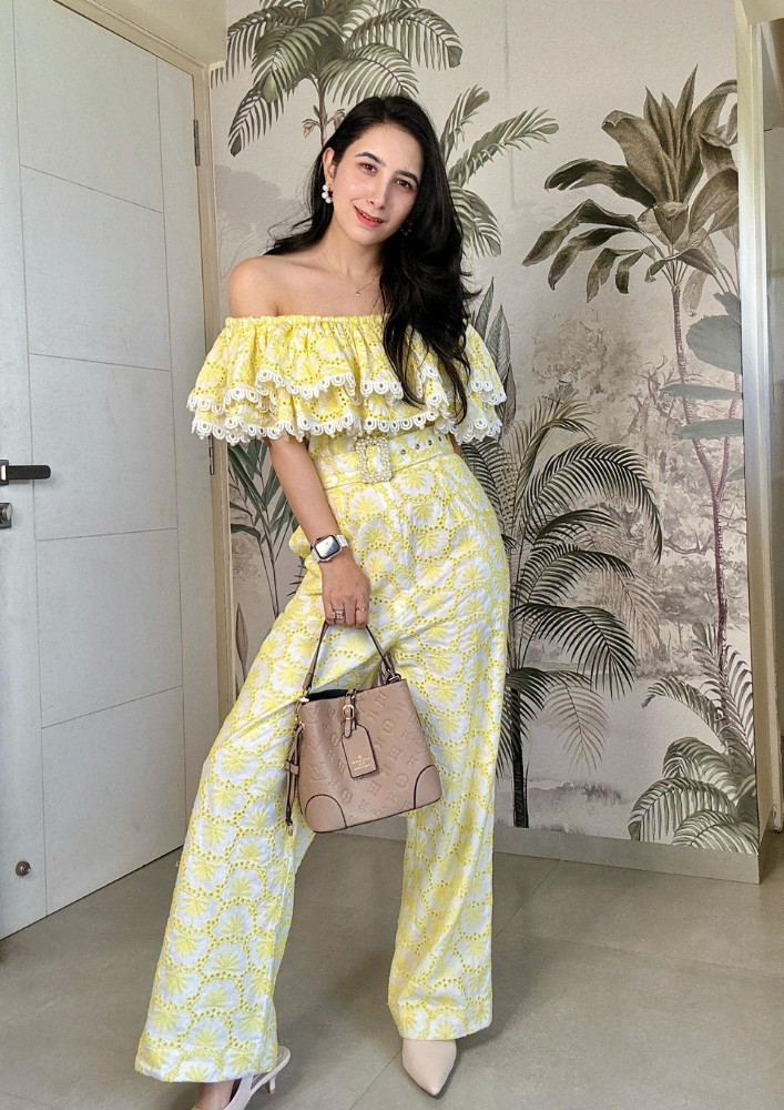 Yellow Off-Shoulder embroidered schiffli jumpsuit with buckle belt