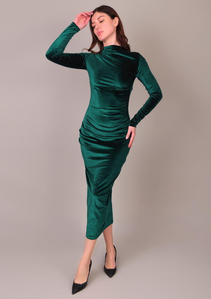 Elegant Green Velvet Midi Bodycon Dress