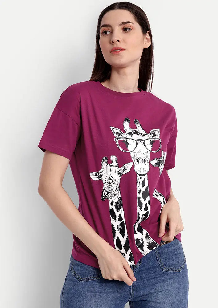 Viva Magenta Giraffe Print Short Sleeve Regular T-Shirt IKI CHIC Private Ltd