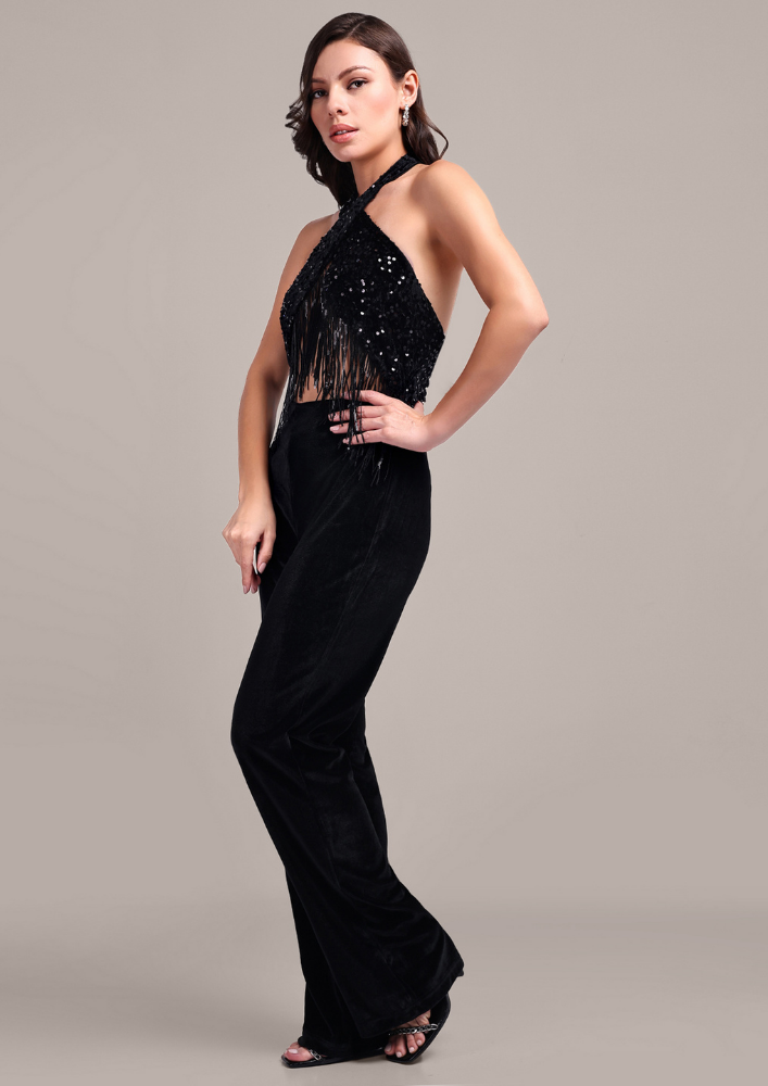 Black Sequined Halter Neck Wide-Leg Jumpsuit