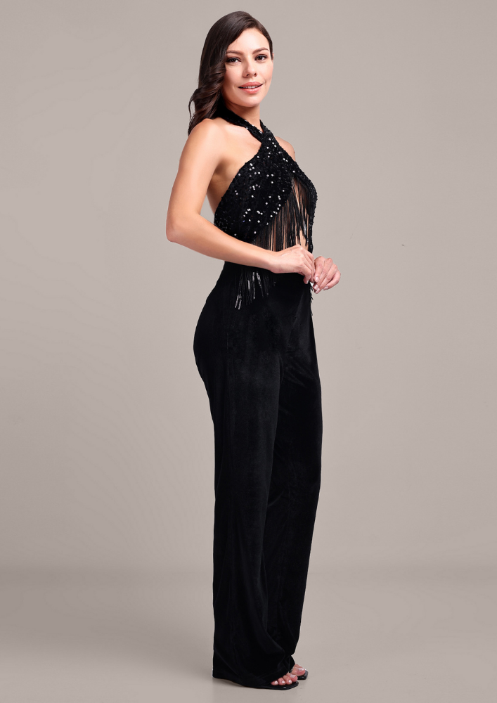 Black Sequined Halter Neck Wide-Leg Jumpsuit