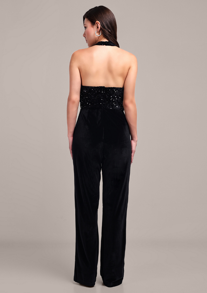 Black Sequined Halter Neck Wide-Leg Jumpsuit