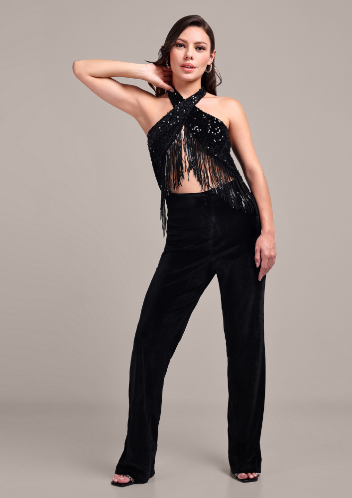 Black Sequined Halter Neck Wide-Leg Jumpsuit