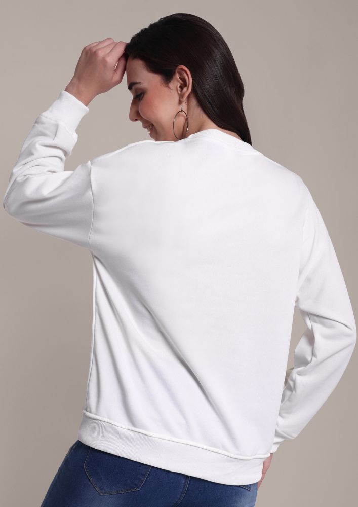 White Round Neck Graphic Print Sweatshirt