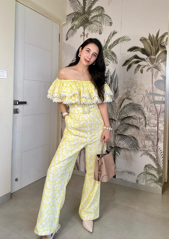 Yellow Off-Shoulder embroidered schiffli jumpsuit with buckle belt