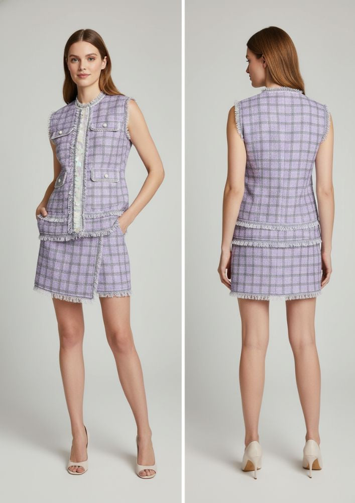 Lilac Fringe Shell Detailing Tweed Jacket Set With Skirt