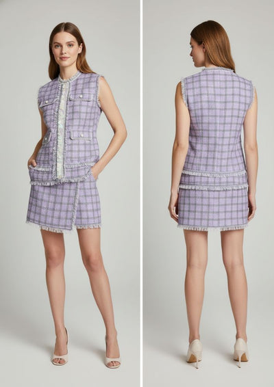 Lilac Fringe Shell Detailing Tweed Jacket Set With Skirt