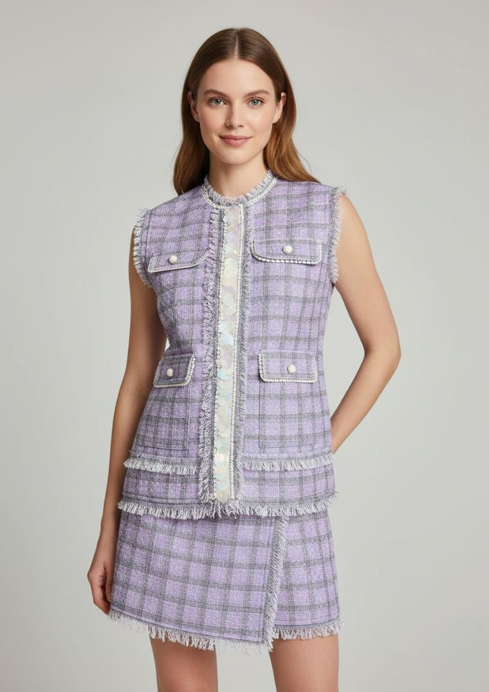 Lilac Fringe Shell Detailing Tweed Jacket Set With Skirt