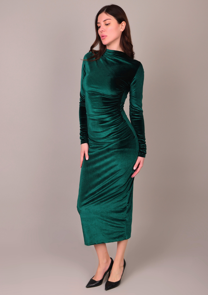 Elegant Green Velvet Midi Bodycon Dress IKI CHIC Private Ltd.