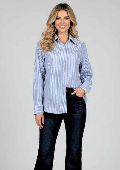 Blue Striped Shirt with Pearl Embellished Collar & Buttons