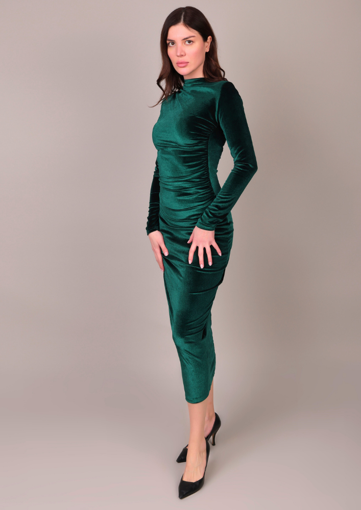 Elegant Green Velvet Midi Bodycon Dress IKI CHIC Private Ltd.