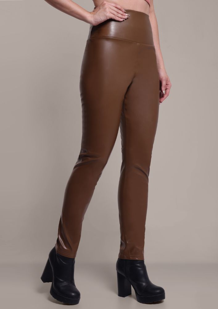 Brown Faux Leather High Waisted Leggings