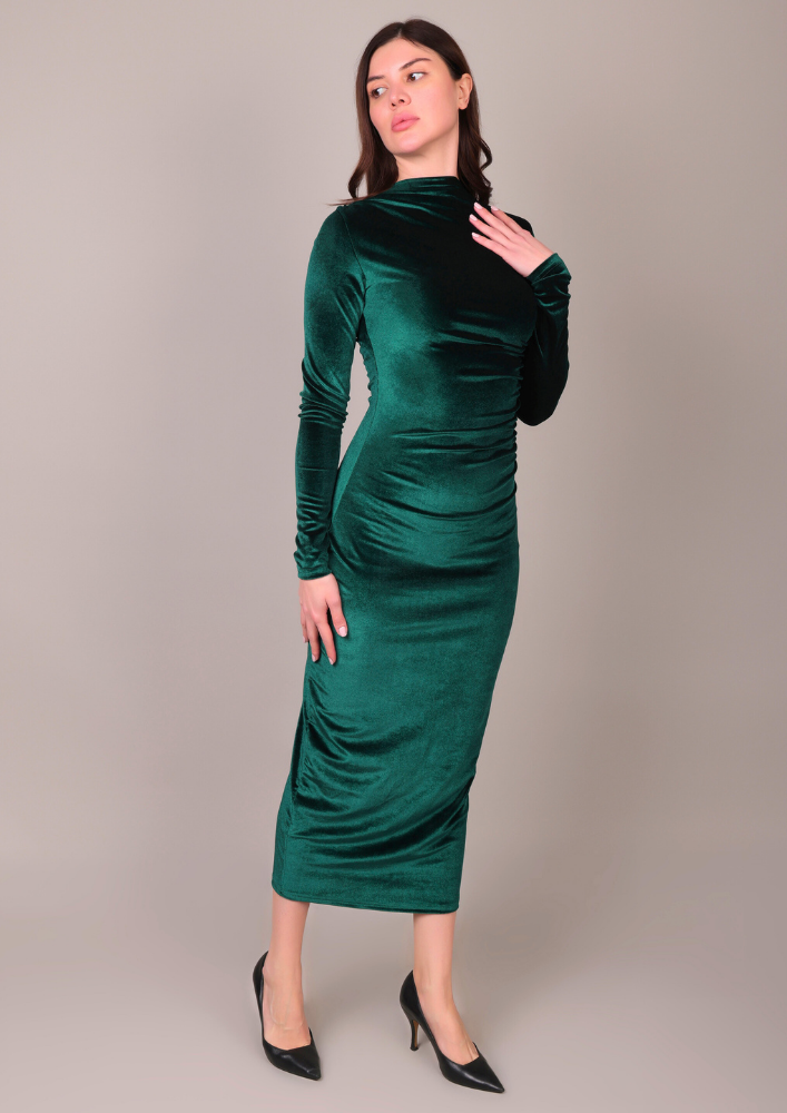 Elegant Green Velvet Midi Bodycon Dress IKI CHIC Private Ltd.
