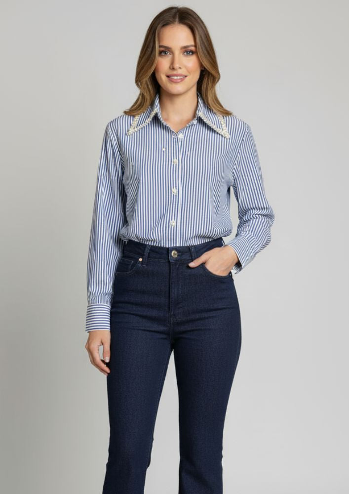 Blue Striped Shirt with Pearl Embellished Collar & Buttons