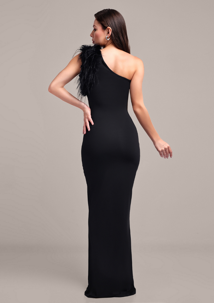 Solid Black Feather One Shoulder Maxi Dress