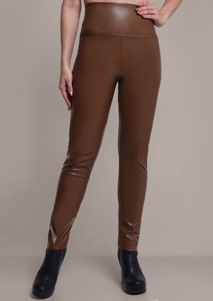 Brown Faux Leather High Waisted Leggings