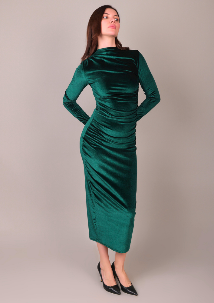 Green Velvet Long Sleeve Boat Neck Velvet Dress Elegant Green Velvet Midi  Bodycon Dress IKI CHIC