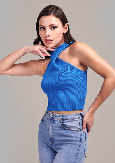 Stylish Blue Ribbed Halter Neck Top