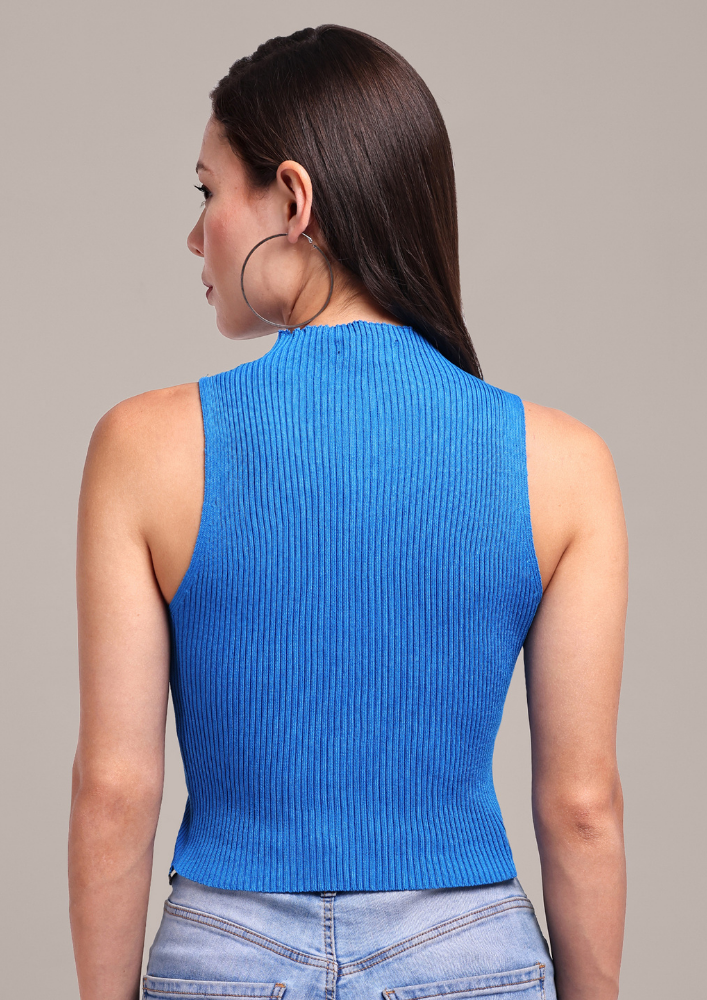 Stylish Blue Ribbed Halter Neck Top