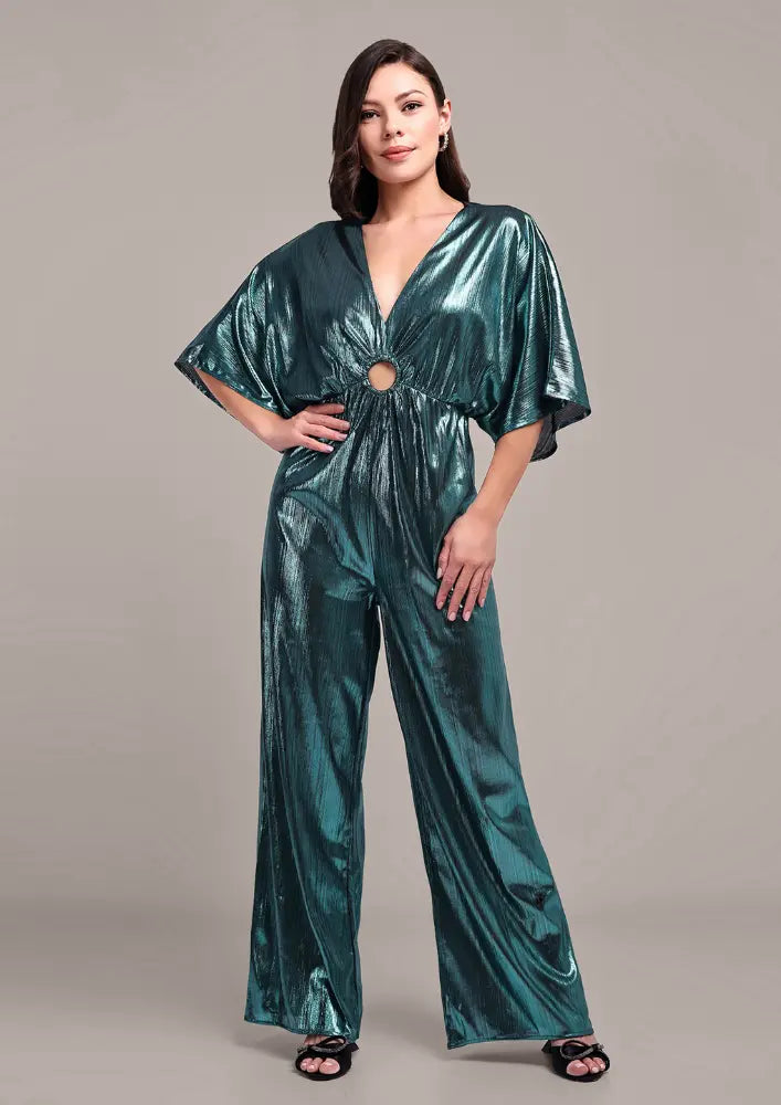 Turquoise Metallic V-Neck Jumpsuit IKI CHIC Private Ltd