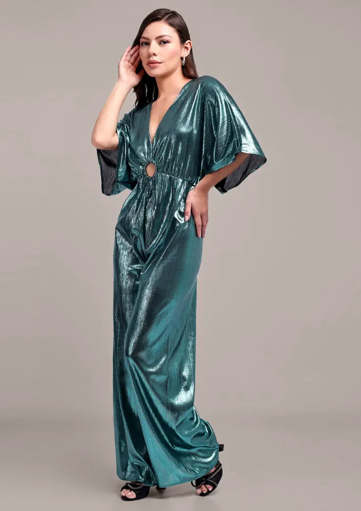 Turquoise Metallic V-Neck Jumpsuit IKI CHIC Private Ltd