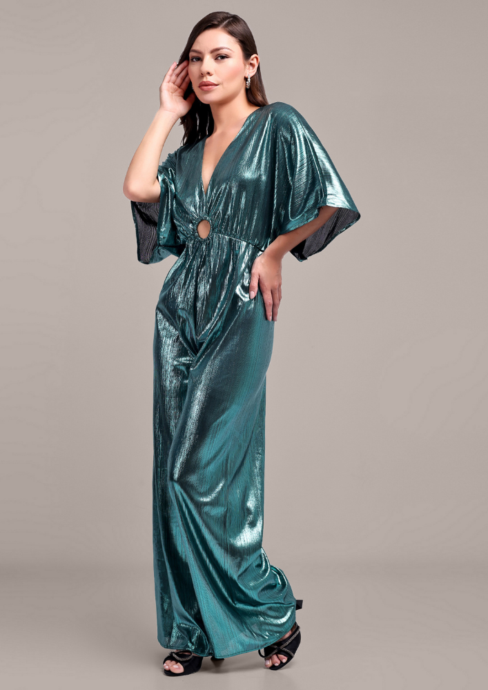 Turquoise Metallic V-Neck Jumpsuit