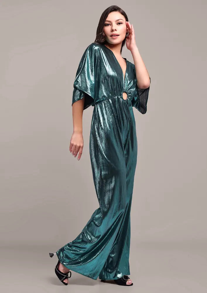 Turquoise Metallic V-Neck Jumpsuit IKI CHIC Private Ltd