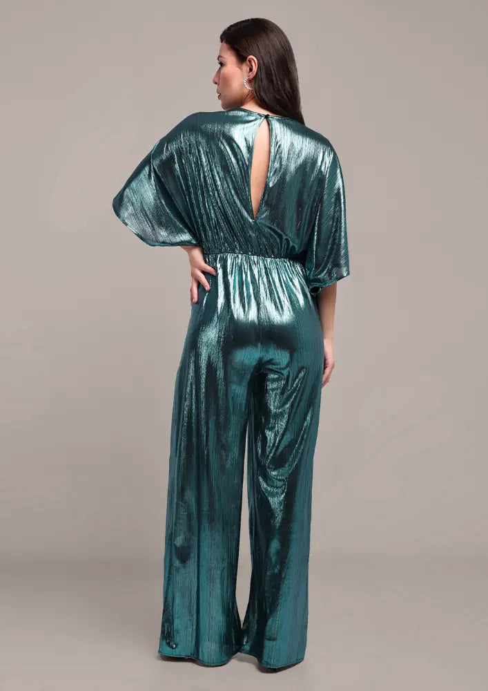 Turquoise Metallic V-Neck Jumpsuit IKI CHIC Private Ltd