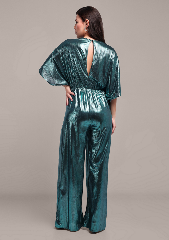 Turquoise Metallic V-Neck Jumpsuit