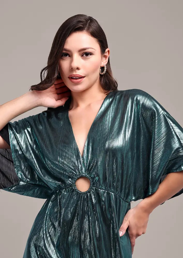 Turquoise Metallic V-Neck Jumpsuit IKI CHIC Private Ltd