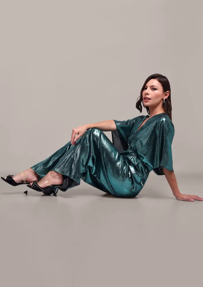 Turquoise Metallic V-Neck Jumpsuit IKI CHIC Private Ltd
