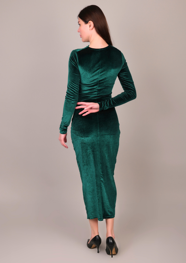 Elegant Green Velvet Midi Bodycon Dress IKI CHIC Private Ltd.