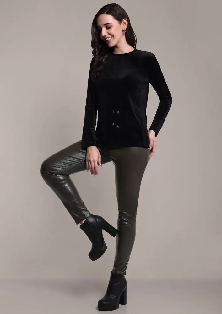 Olive Green Faux Leather High Waisted Leggings IKI CHIC Private Ltd